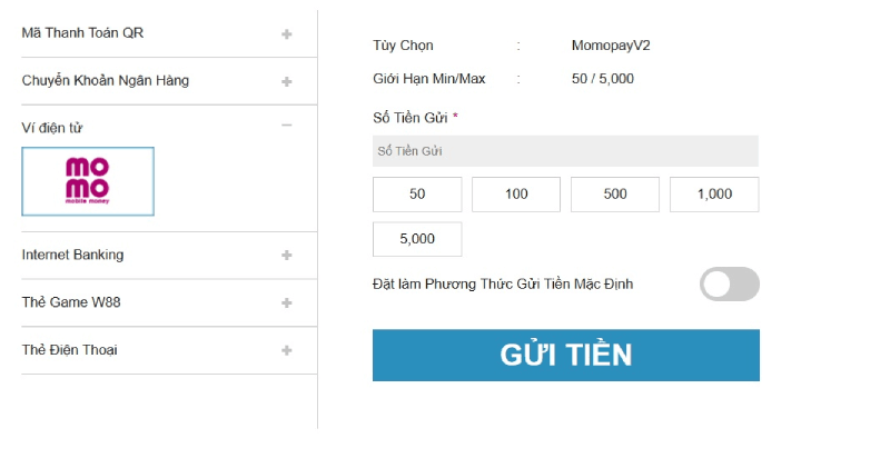 Giao dịch bằng các loại ví điện tử W88
